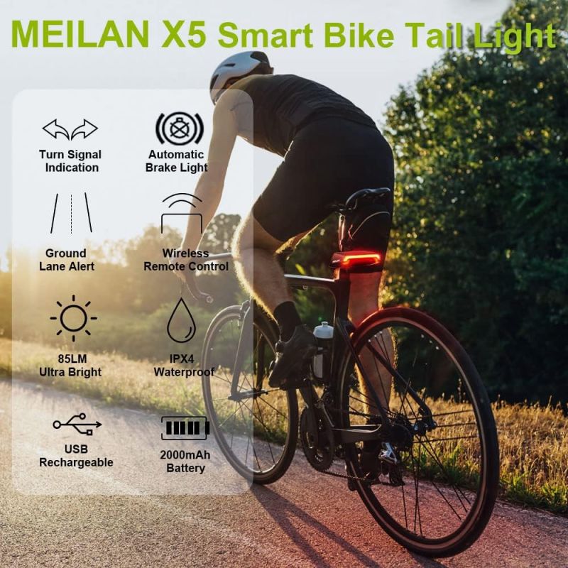 Meilan X5 Smart Bike Tail Light with Turn Signals and Automatic Brake Light Wireless Remote Control Bike Rear Light Back USB Rechargeable Safety Warning Cycling Light