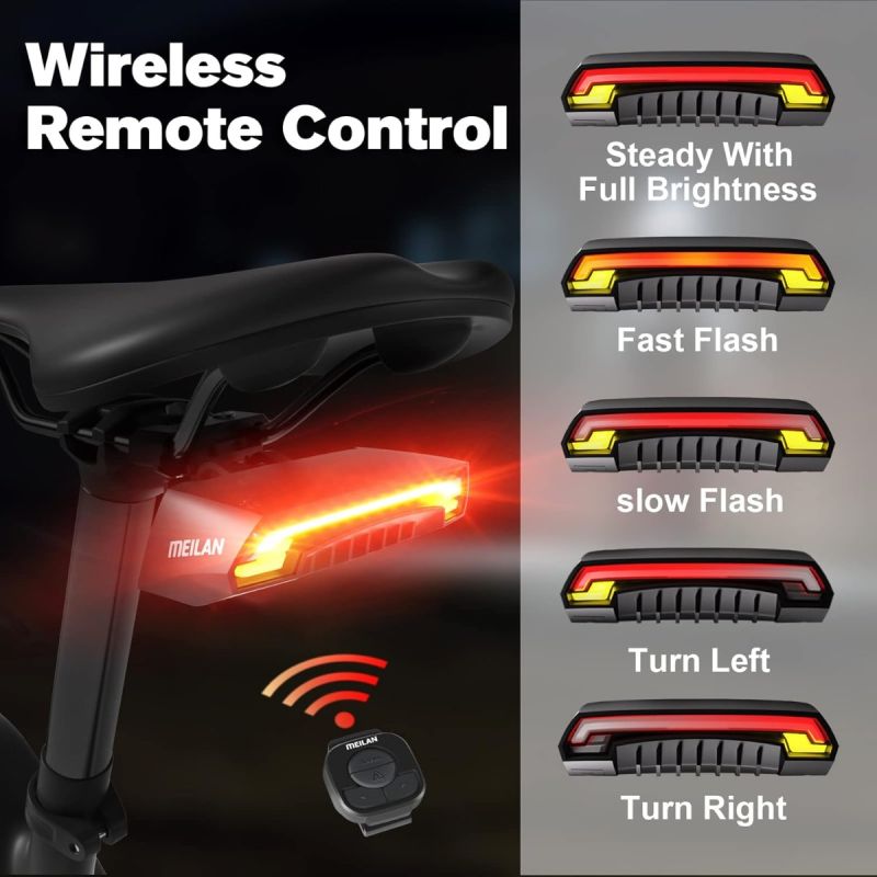 Meilan X5 Smart Bike Tail Light with Turn Signals and Automatic Brake Light Wireless Remote Control Bike Rear Light Back USB Rechargeable Safety Warning Cycling Light