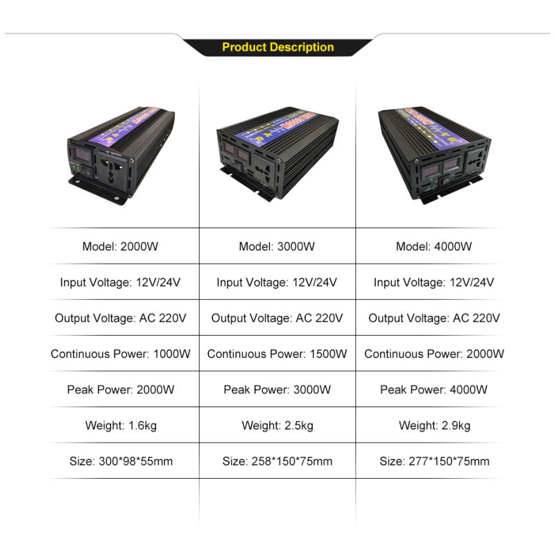 Pure Sine Wave Inverter 2000W 3000W 4000W LED Display for Sensitive Electronics Home Backup Camping