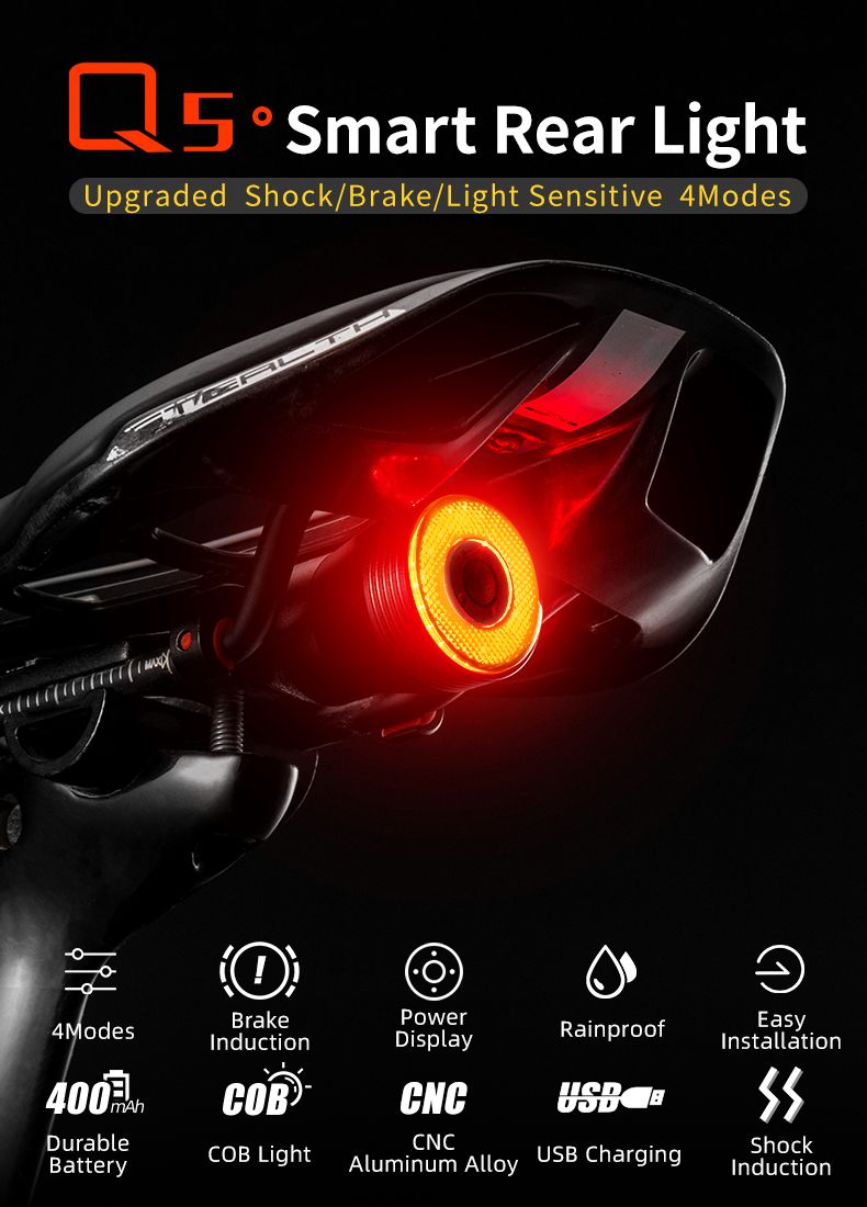 ROCKBROS Q5 Bicycle Smart Light Auto Brake Sensing LED Taillight IPX6 Waterproof Cycling Safety Equipment