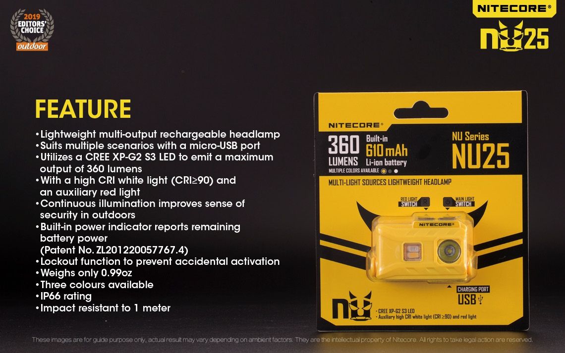Nitecore NU25 XP-G2 S3 LED Rechargeable Headlamp 360 Lumens Lightweight Adventure Accessory Outdoor Lighting
