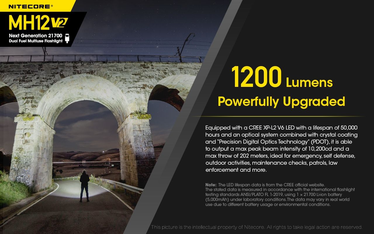 Nitecore MH12 V2 XP-L2 V6 LED Flashlight 1200 Lumens Portable Bright Outdoor Lighting Reliable Illumination