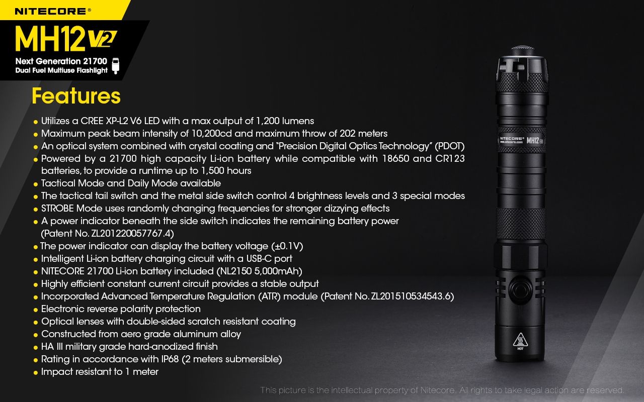Nitecore MH12 V2 XP-L2 V6 LED Flashlight 1200 Lumens Portable Bright Outdoor Lighting Reliable Illumination