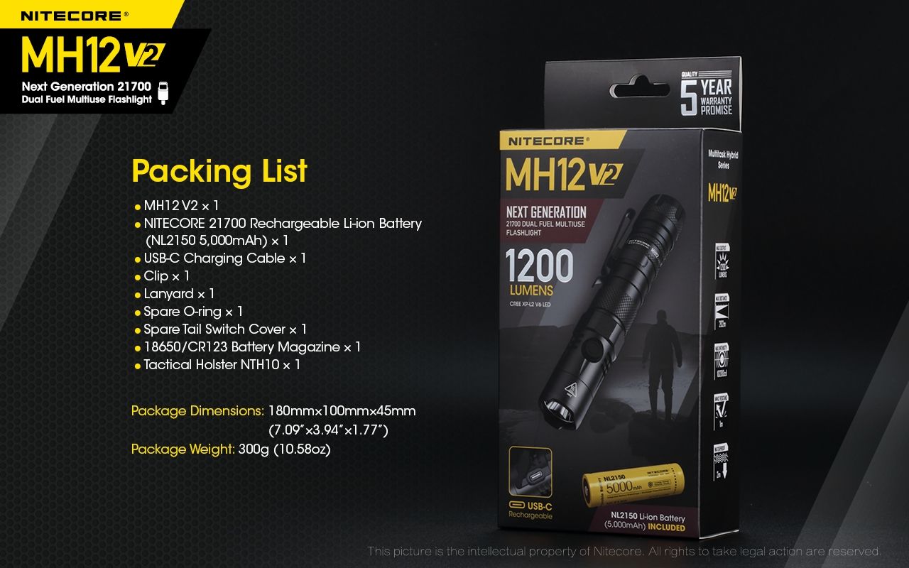 Nitecore MH12 V2 XP-L2 V6 LED Flashlight 1200 Lumens Portable Bright Outdoor Lighting Reliable Illumination