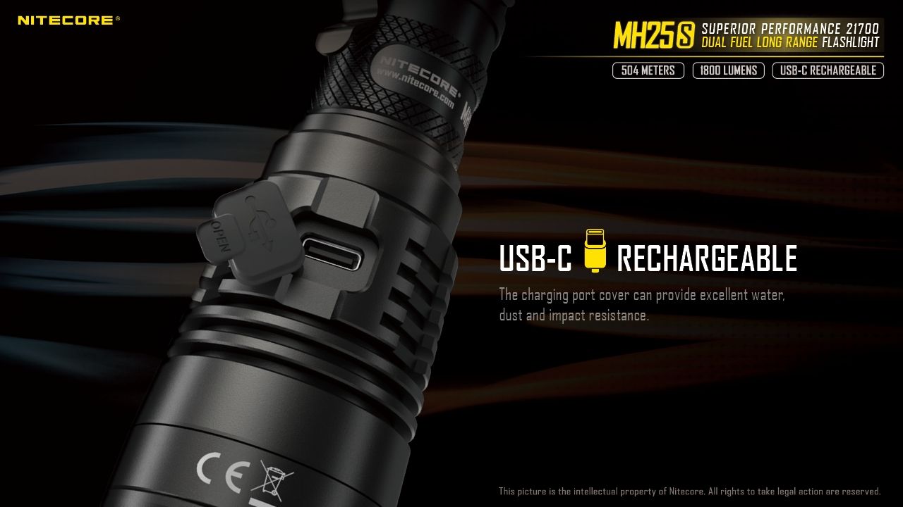 Nitecore MH25S Flashlight 1800 Lumens USB-C Rechargeable LED High Brightness for Outdoor Adventures and Repair