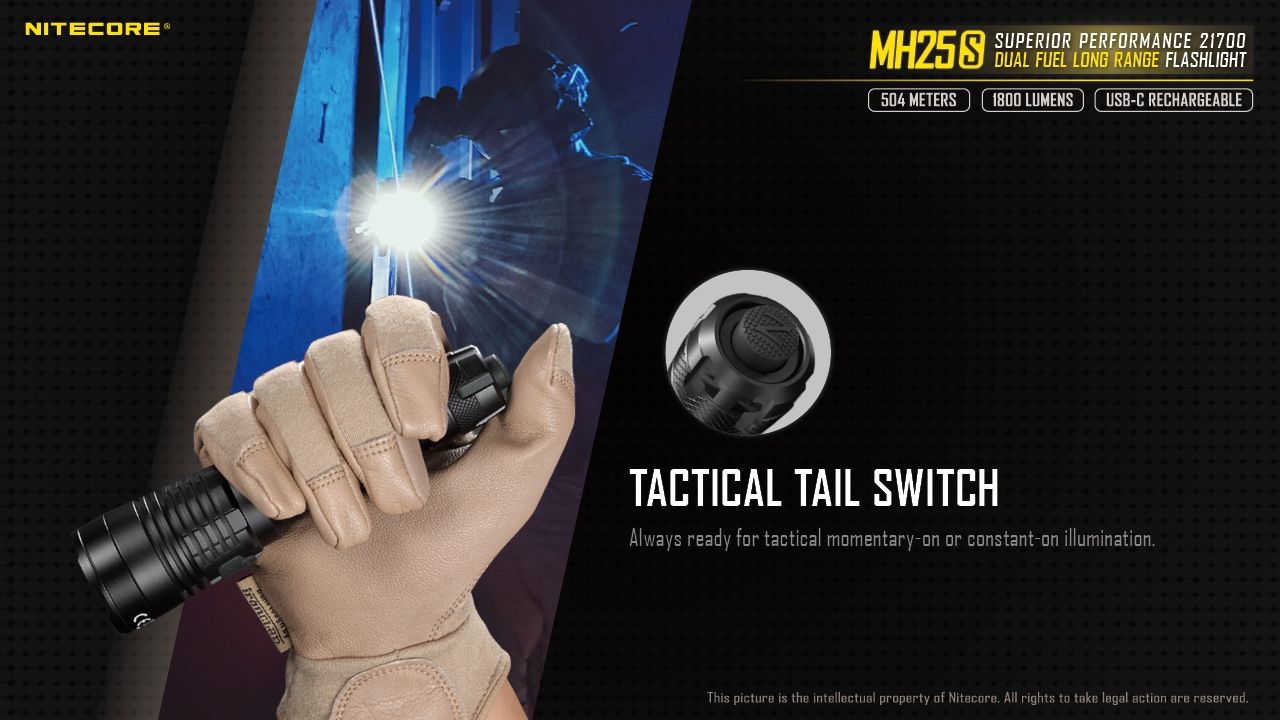 Nitecore MH25S Flashlight 1800 Lumens USB-C Rechargeable LED High Brightness for Outdoor Adventures and Repair