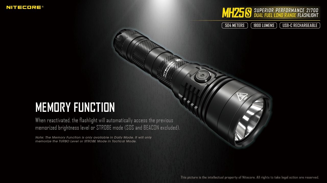 Nitecore MH25S Flashlight 1800 Lumens USB-C Rechargeable LED High Brightness for Outdoor Adventures and Repair