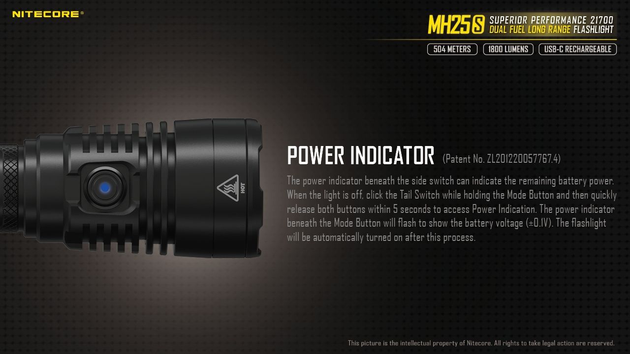 Nitecore MH25S Flashlight 1800 Lumens USB-C Rechargeable LED High Brightness for Outdoor Adventures and Repair