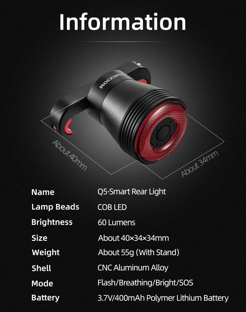 ROCKBROS Q5 Bicycle Smart Light Auto Brake Sensing LED Taillight IPX6 Waterproof Cycling Safety Equipment