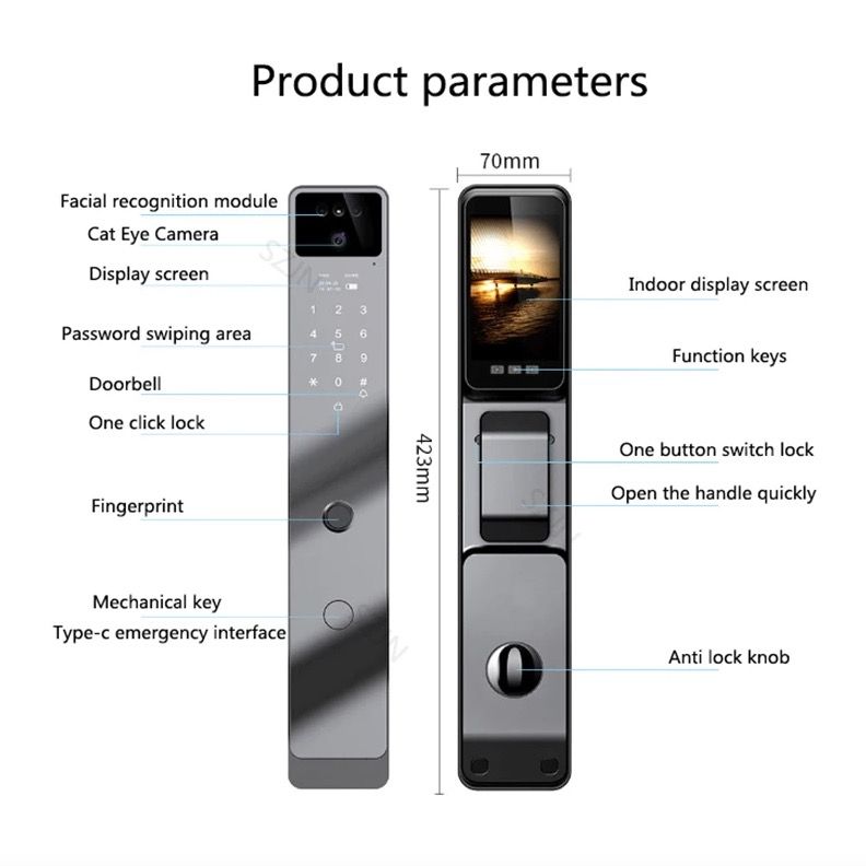 Tuya Wifi 3D Face Recognition Smart Door Lock with Built-In Camera for Advanced Home Security Convenience