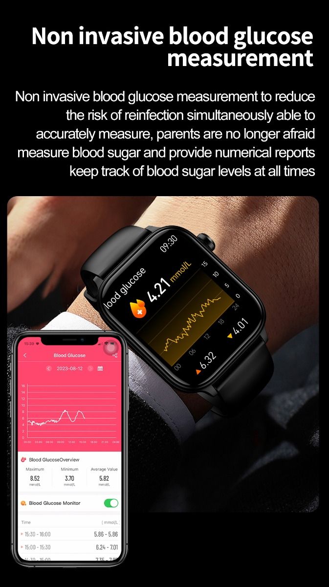ET570 Blood Glucose Smart Watch ECG Heart Rate Blood Pressure Smartwatch