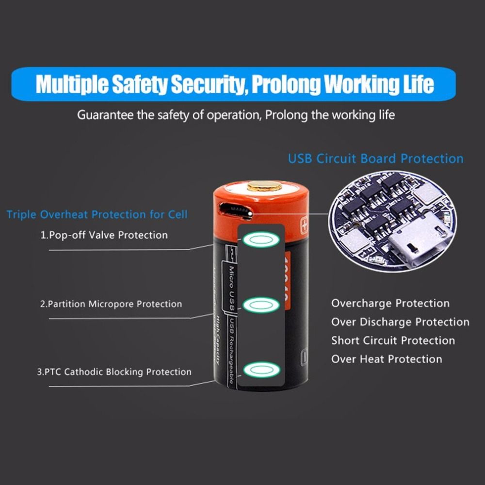 16340 650mAh 3.7V Micro USB Rechargeable Li-ion Battery Eco-Friendly Long-Lasting for Flashlights and Gear
