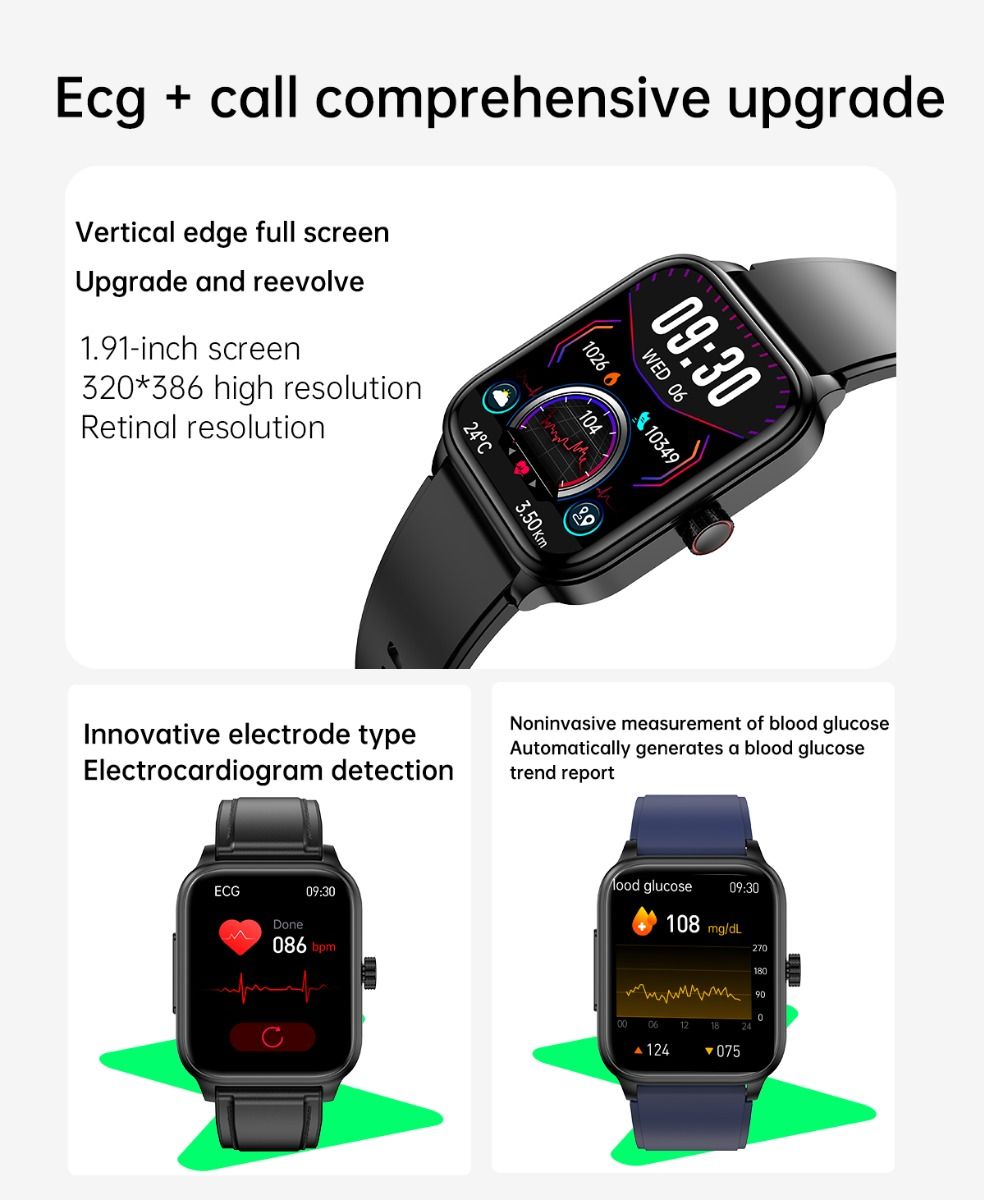 ET540 Blood glucose ECG Body temperature Blood pressure Blood oxygen Heart rate Bluetooth call Smartwatch Fitness Tracker