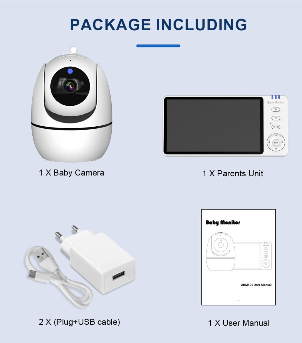 ABM501 Video Baby Monitor 2.4G Wireless 5.0 Inches LCD Night Vision Two Way Audio for Family Safety