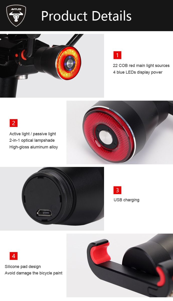 ANTUSI Q5 Smart Bicycle Taillight Brake Sensing LED Cycling Light IPx6 Waterproof Perfect for City Commuting