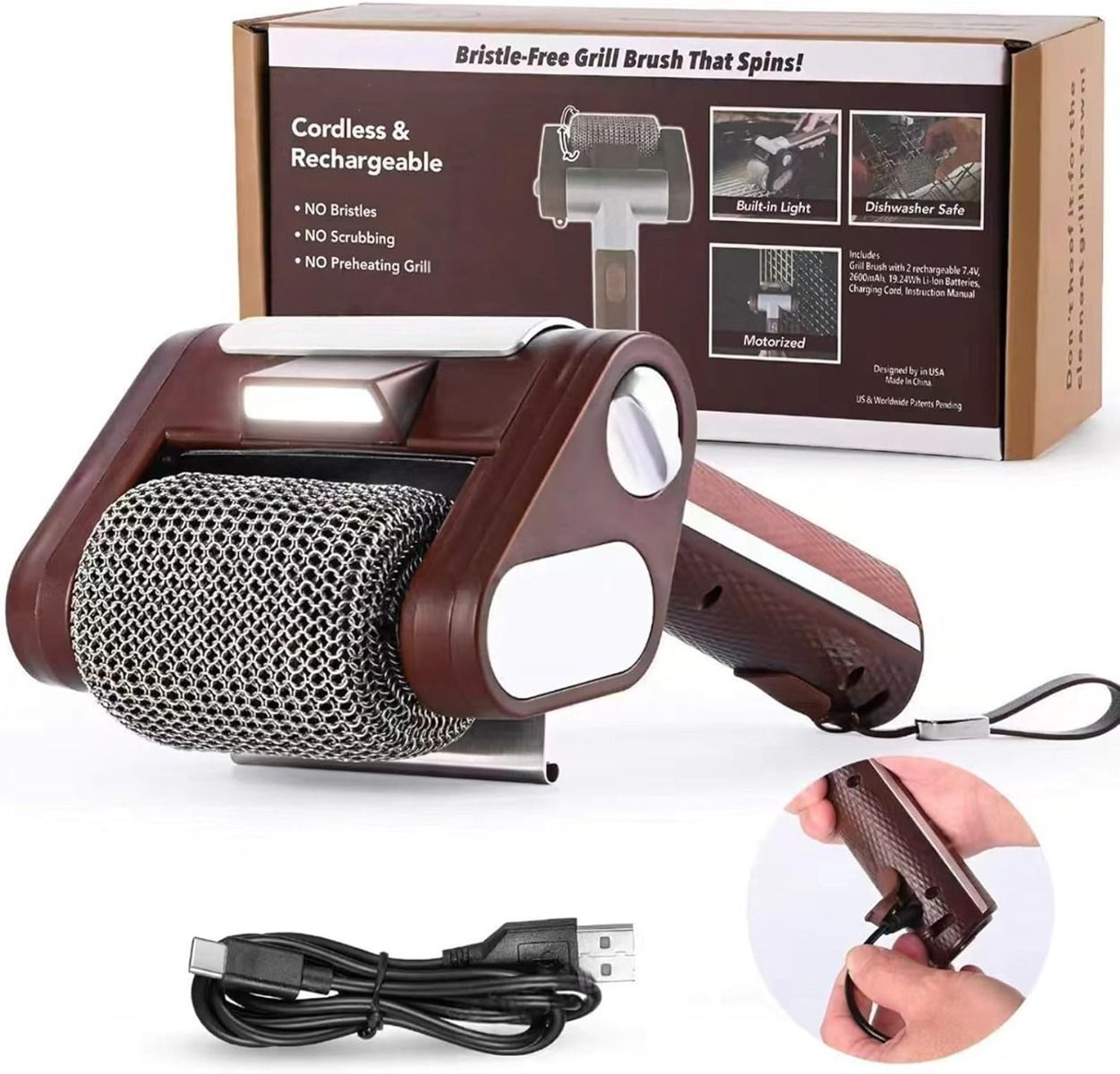 Cordless Electric Grill Brush - Rechargeable with 350 RPM Stainless Steel Roller