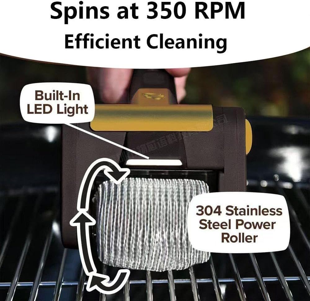 Cordless Electric Grill Brush - Rechargeable with 350 RPM Stainless Steel Roller