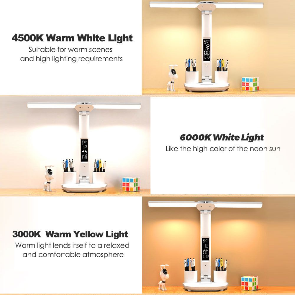 LED Desk Lamp with Pen Holder Built-in Calendar Adjustable Brightness Eye Protection for Home Office