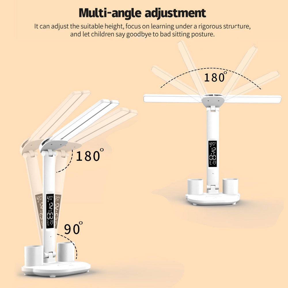 LED Desk Lamp with Pen Holder Built-in Calendar Adjustable Brightness Eye Protection for Home Office