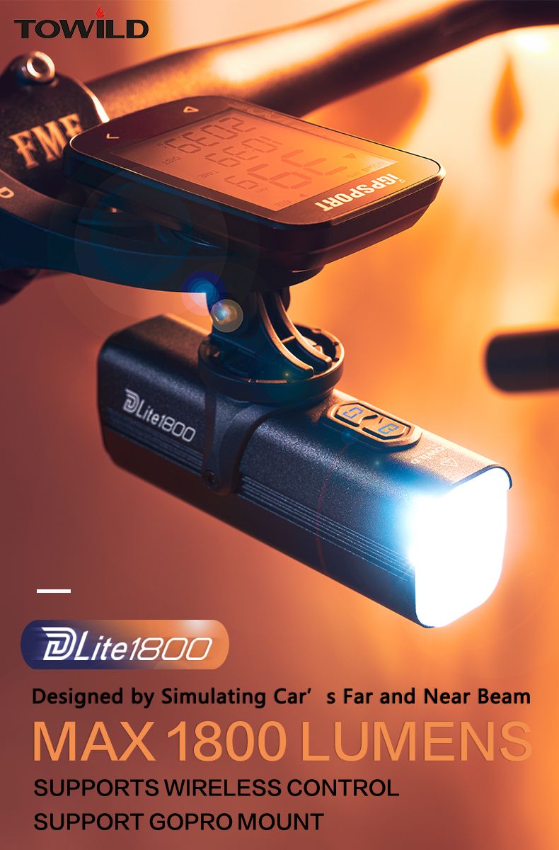 TOWILD DLite 1800 USB Rechargeable Bike Light 2100 Lumens Waterproof Headlight Cycling Safety 5000mAh Battery