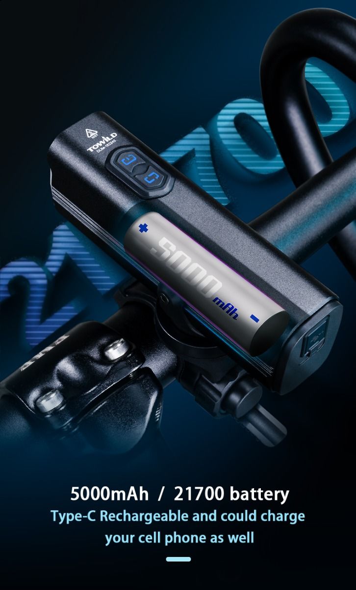 TOWILD DLite 1800 USB Rechargeable Bike Light 2100 Lumens Waterproof Headlight Cycling Safety 5000mAh Battery