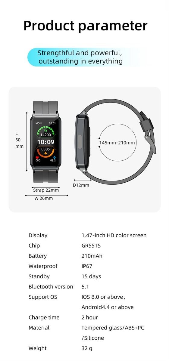 EP01 Blood Glucose Sugar Smart Watch: ECG, HRV, Heart Rate, Temp. 1.47" HD Waterproof Fitness Tracker