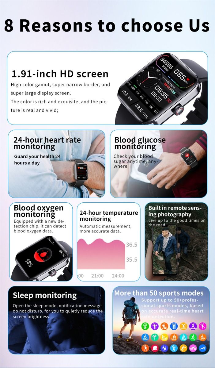 F57L Smart Watch Blood Glucose Blood Pressure Heart Rate Temperature Monitoring Sport Monitoring 1.91 Inch Sn