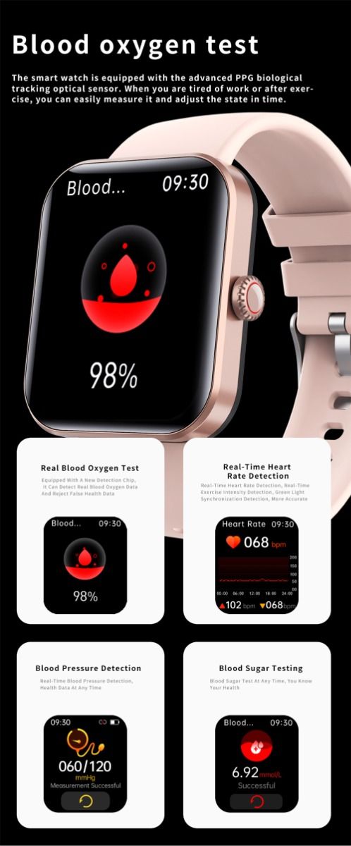 F57L Smart Watch Blood Glucose Blood Pressure Heart Rate Temperature Monitoring Sport Monitoring 1.91 Inch Sn