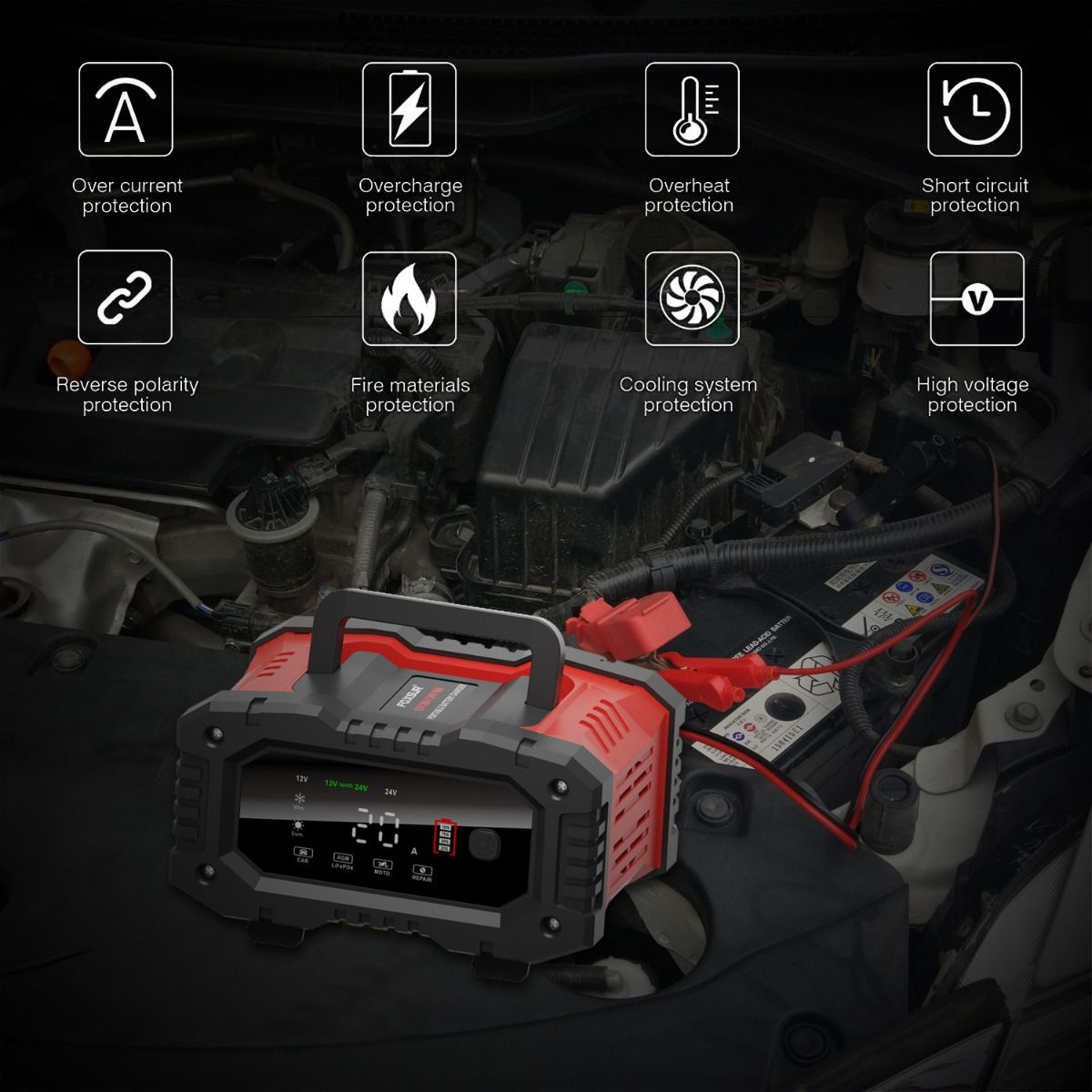 FOXSUR 20A Portable Car Battery Charger 12V 24V for Motorcycle Truck AGM LiFePO4 Lead Acid Battery Maintenance