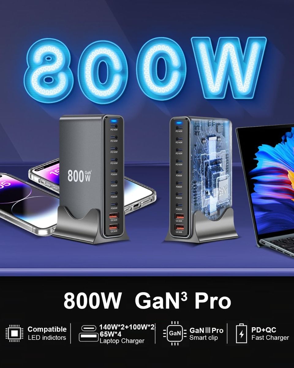 800W USB C Fast Charger Block, 10 Port USB Charging Station, GaN Ⅲ Pro Dual 140W PD PPS Port Charger Compatible