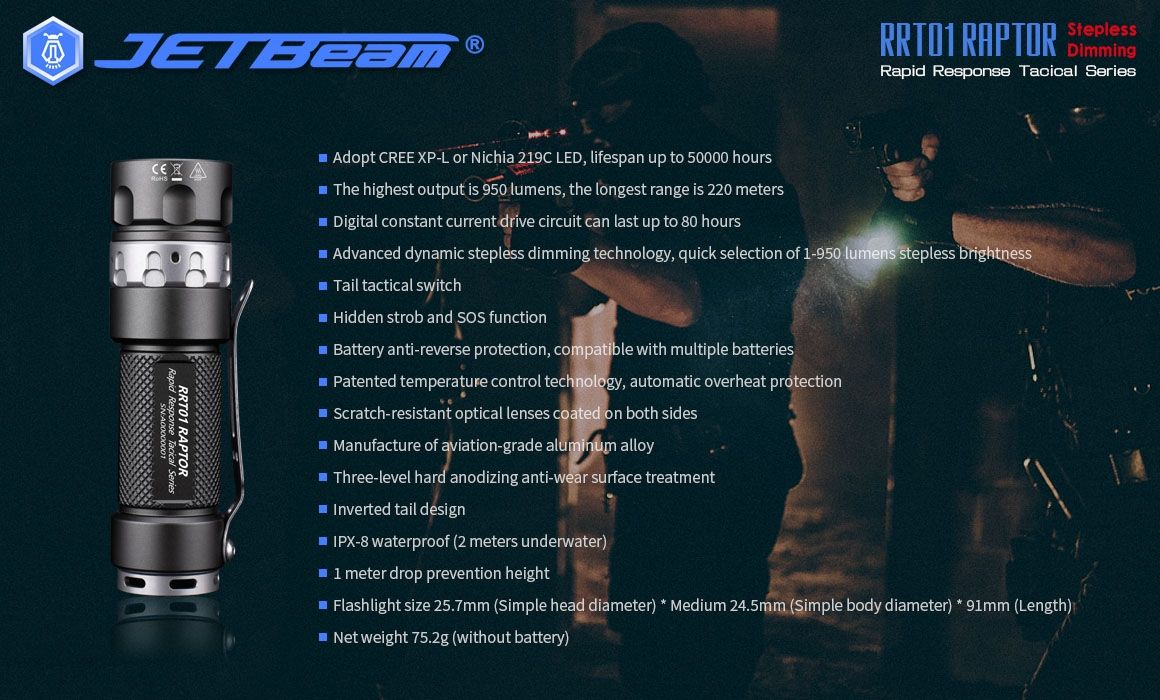 JETBeam JET-RRT01 XP-L 950 Lumen LED EDC Flashlight Durable Outdoor Lighting for Camping Hiking