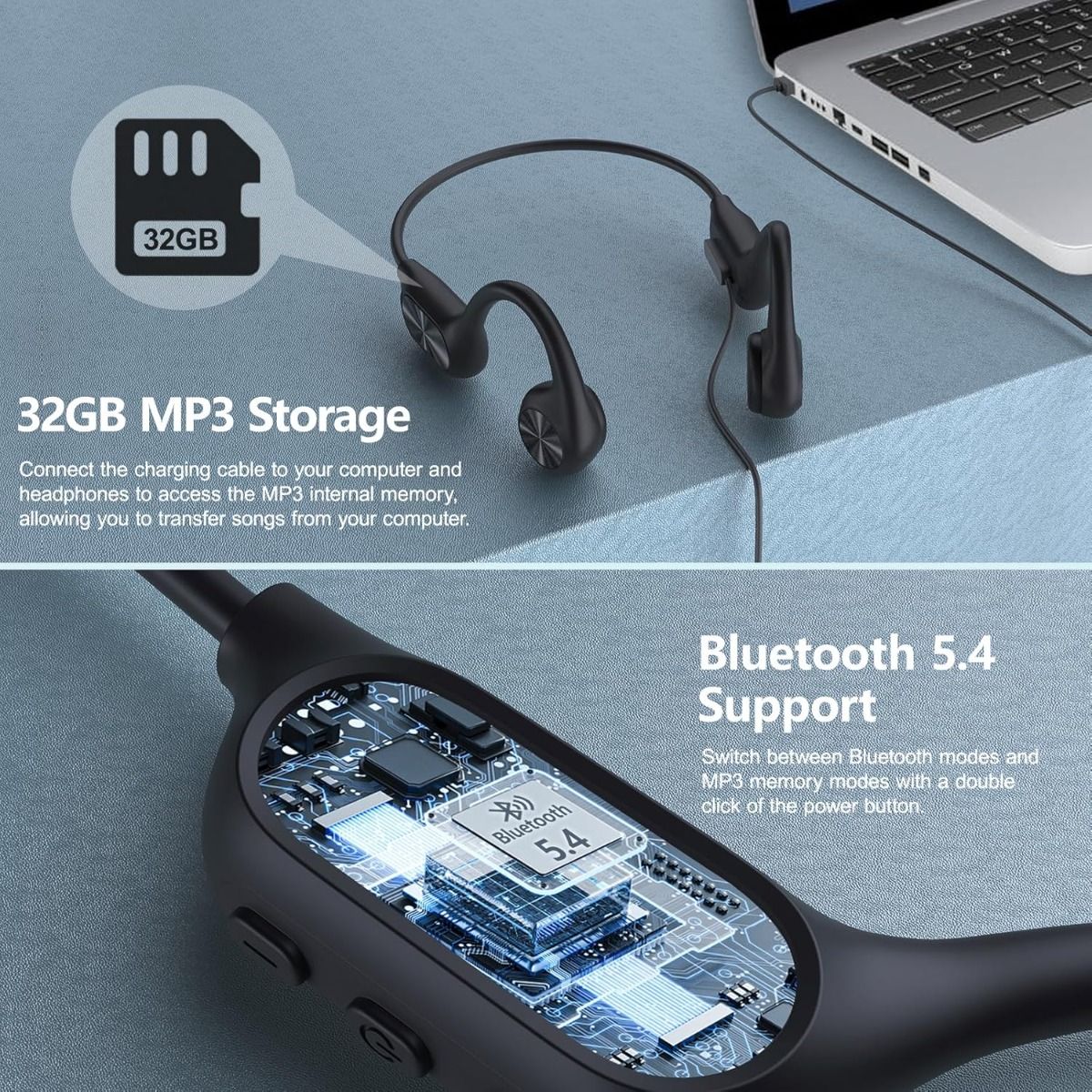 Swimming Bone Conduction Headphones, IPX8 Waterproof, Bluetooth 5.4, 32GB Memory