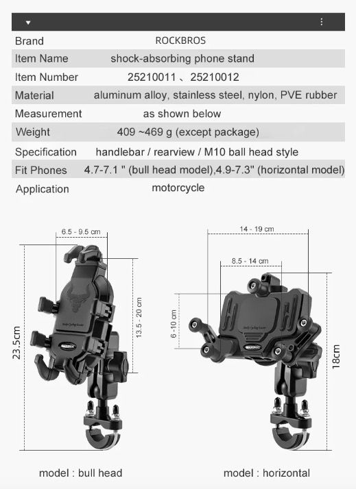 ROCKBROS Phone Holder Durable Aluminum Motorcycle and Cycling Mount with Silicone Shock Absorption Adjustable Stand