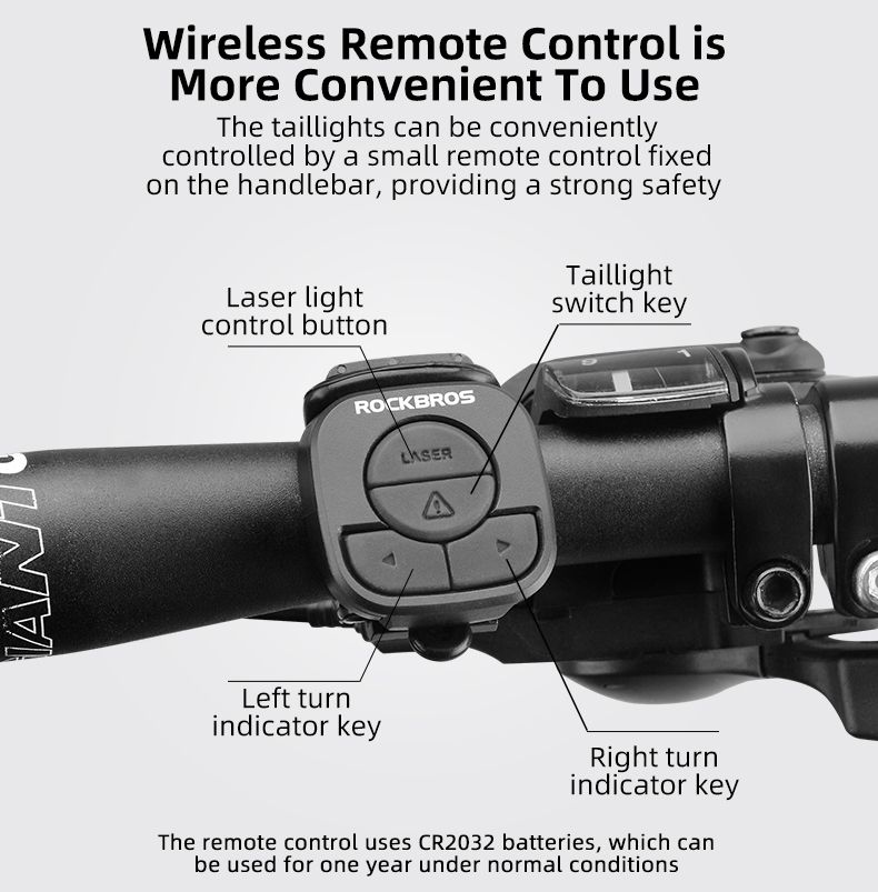ROCKBROS LKWD-R1 Bike Light Smart USB LED with Wireless Remote Turn Signal Laser Projector for Cycling Safety