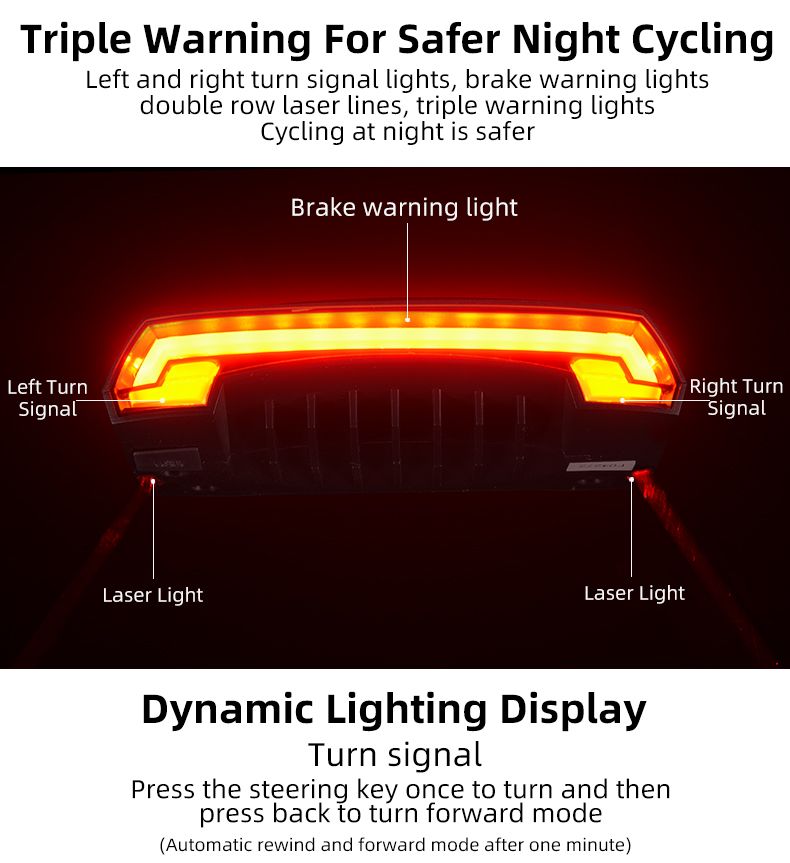 ROCKBROS LKWD-R1 Bike Light Smart USB LED with Wireless Remote Turn Signal Laser Projector for Cycling Safety