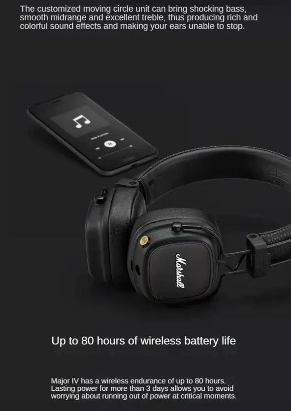 Marshall Major IV Bluetooth Headphones Classic Aesthetics Signature Sound Deep Bass Wireless Charging
