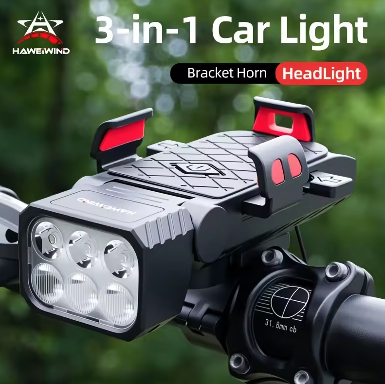 Bicycle Front Light with Horn & Phone Holder Cycling Bicycle Headlight Multifunctional Phone Holder Lamp Cycling Accessories