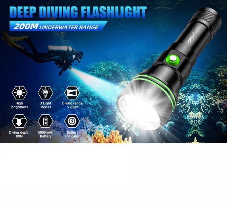 P70 Diving Flashlight, Dive Torch 5000 Lumen Super Bright Flash Lights, IPX8 Underwater Waterproof Night Dive Torch 200 Meters Submersible Light