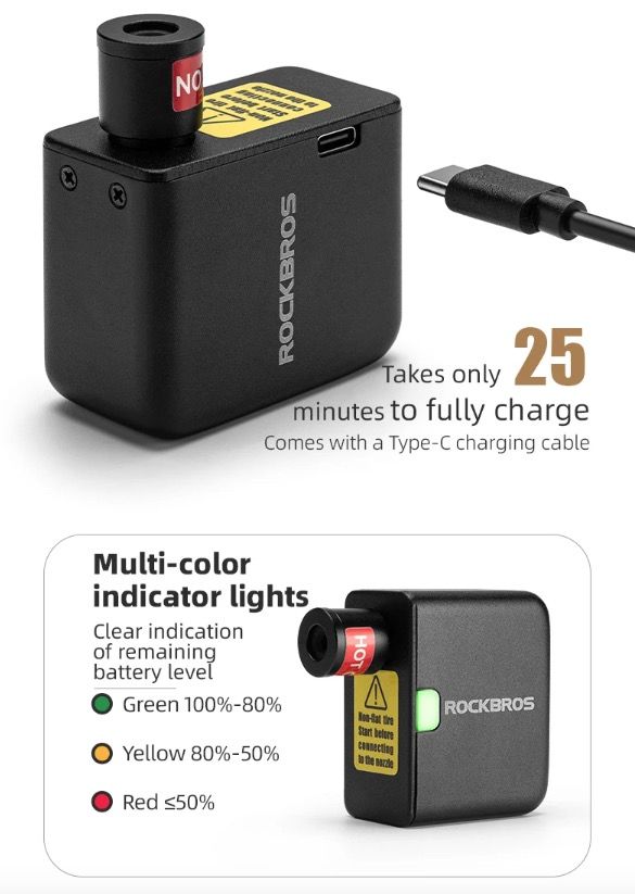 ROCKBROS Portable Mini Electric Air Pump 100PSI Rechargeable Durable Bike Motorcycle Car Tire Inflator