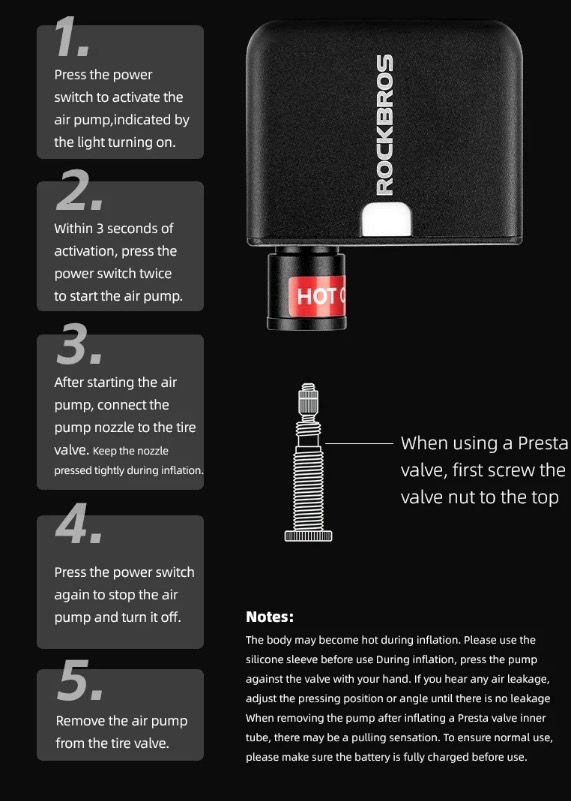 ROCKBROS Portable Mini Electric Air Pump 100PSI Rechargeable Durable Bike Motorcycle Car Tire Inflator