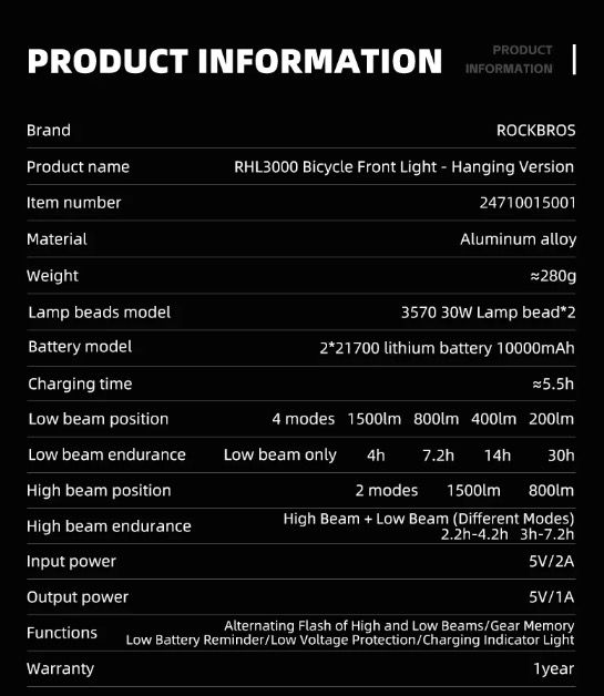 ROCKBROS RHL3000 Bike Light 3000 Lumens LED Headlight 10000mAH Battery Waterproof MTB Road Cycling Durable