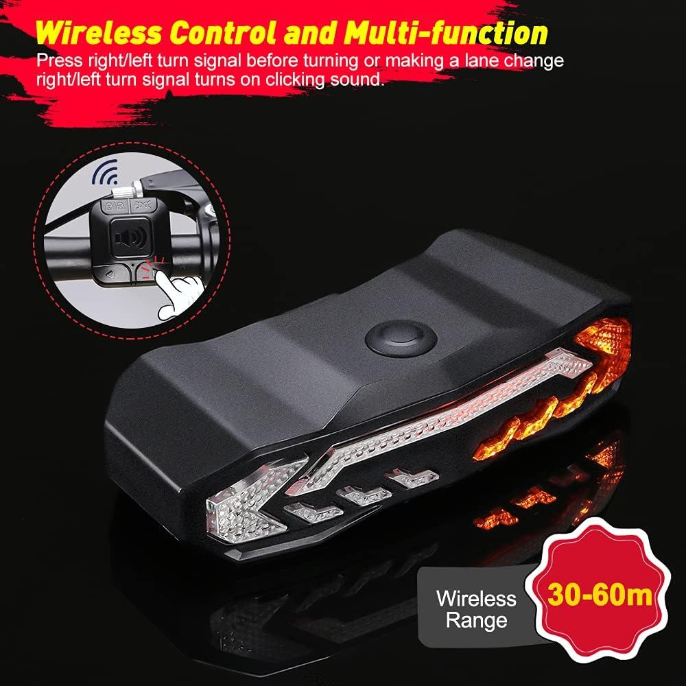 Smart Bike Tail Light with Turn Signals, Rechargeable Bicycle Horn Bike Alarm with Remote, Auto-Sensing Bike Turn Signals Light Alarm