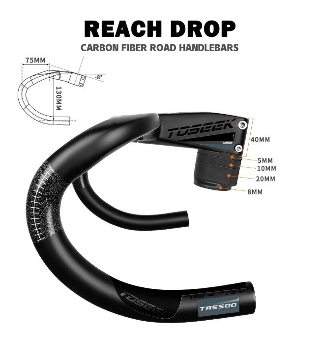 TOSEEK TR5500 Road Bike Handlebar Lightweight Full Carbon Fiber Stem Aerodynamic Design Matte Black Finish