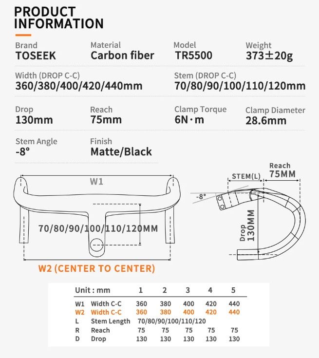 TOSEEK TR5500 Road Bike Handlebar Lightweight Full Carbon Fiber Stem Aerodynamic Design Matte Black Finish