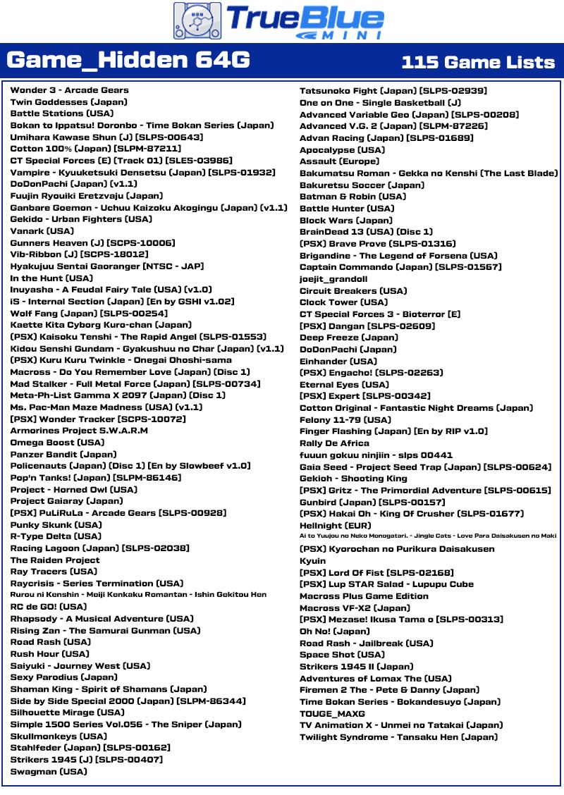 True Blue Mini Crackhead Pack 32G or 64G USB for PS ONE MINI Plug and Play Classic Gaming Nostalgia