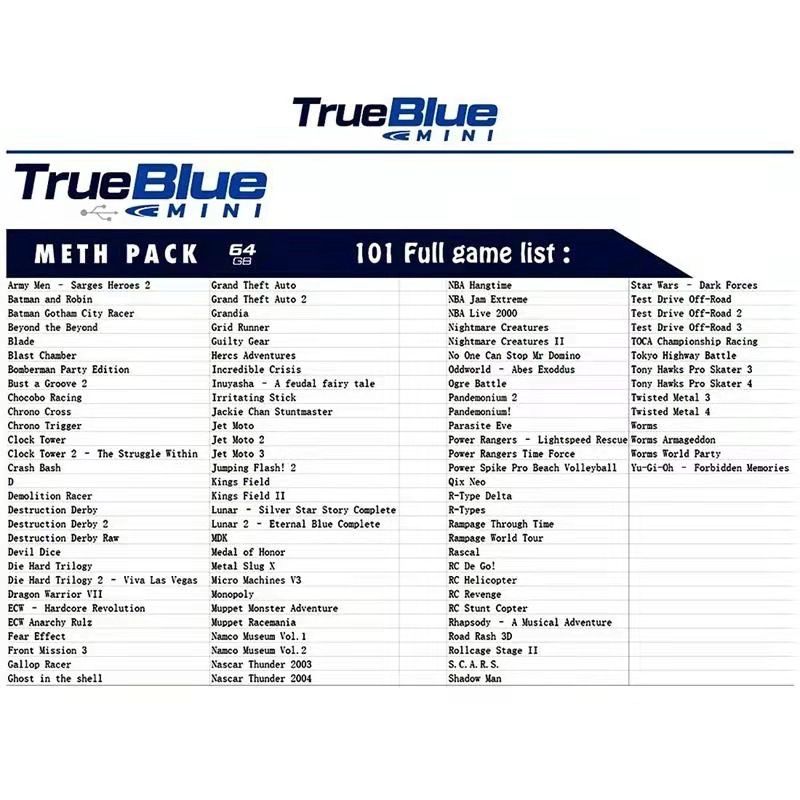 True Blue Mini Crackhead Pack 32G or 64G USB for PS ONE MINI Plug and Play Classic Gaming Nostalgia