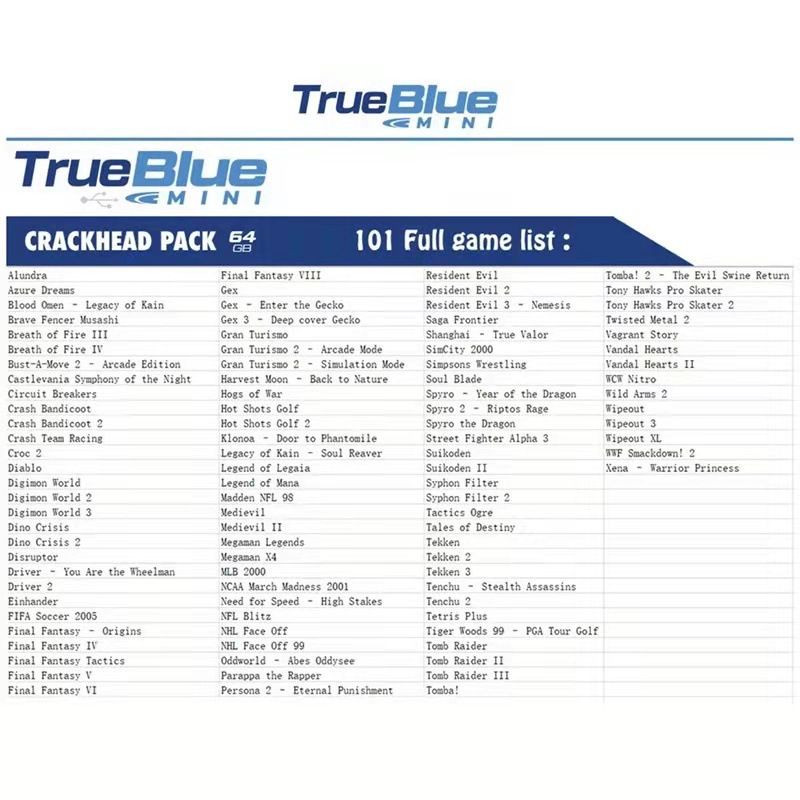 True Blue Mini Crackhead Pack 32G or 64G USB for PS ONE MINI Plug and Play Classic Gaming Nostalgia