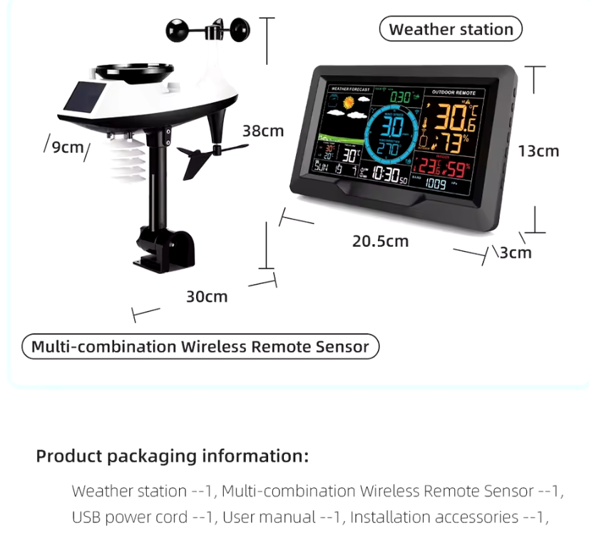 Weather Station 7.5 inch Color Display Solar Wireless Outdoor Sensor Real-time Temperature Humidity Updates