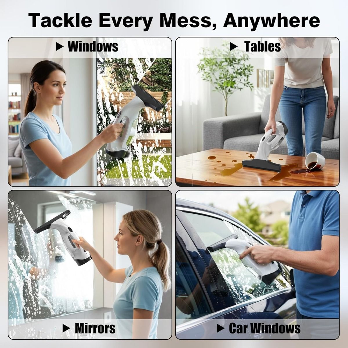 Cordless Window Vacuum Squeegee, 2000Pa Suction, 2200mAh, 150ml Tank for Glass, Mirrors, Tiles